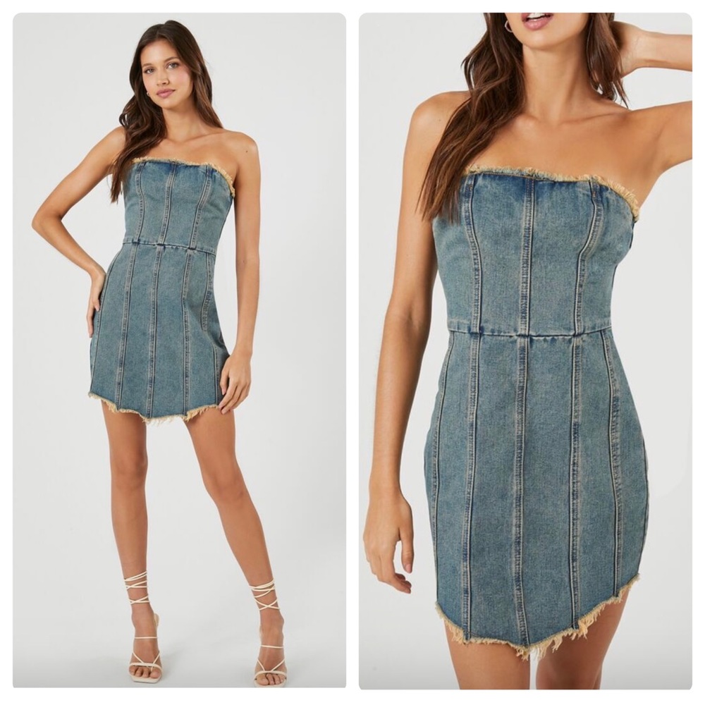 NWT Forever 21 Frayed Denim Strapless Mini Dress S
